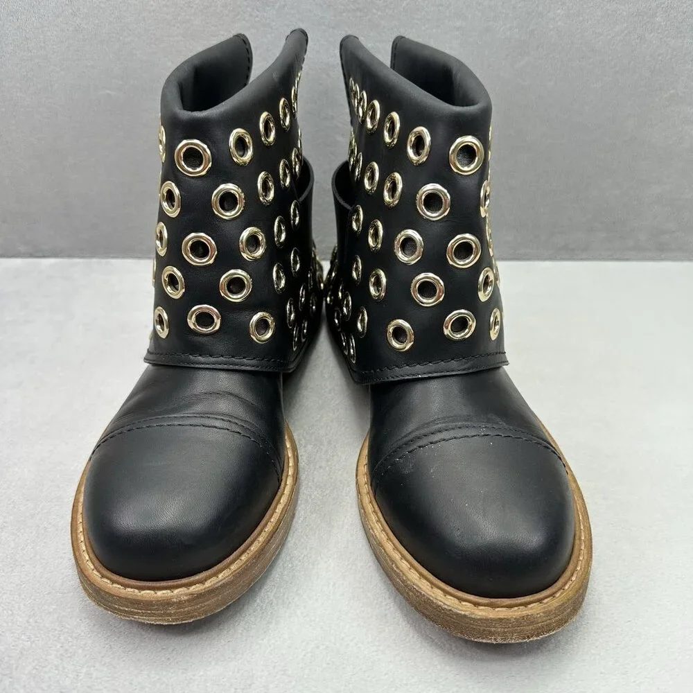 Alexander McQueen Womens 9 (EU 39) Ankle Boots Black Leather Buckle Gold Grommet